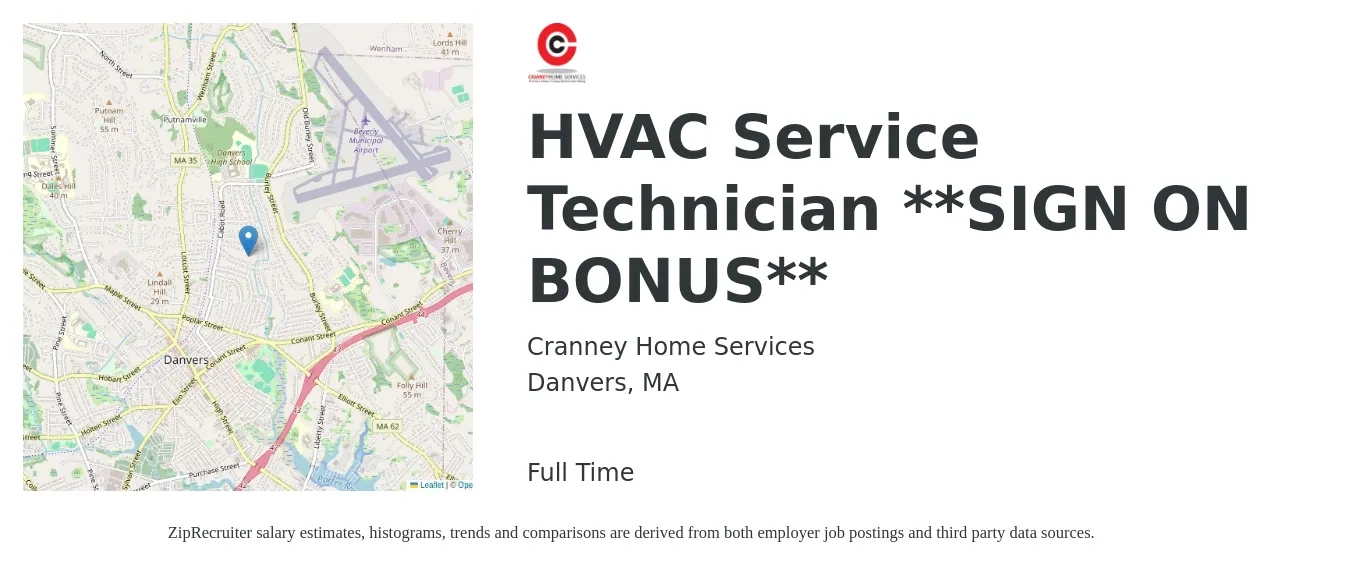 Cranney Home Services job posting for a HVAC Service Technician **SIGN ON BONUS** in Danvers, MA with a salary of $26 to $37 Hourly with a map of Danvers location.