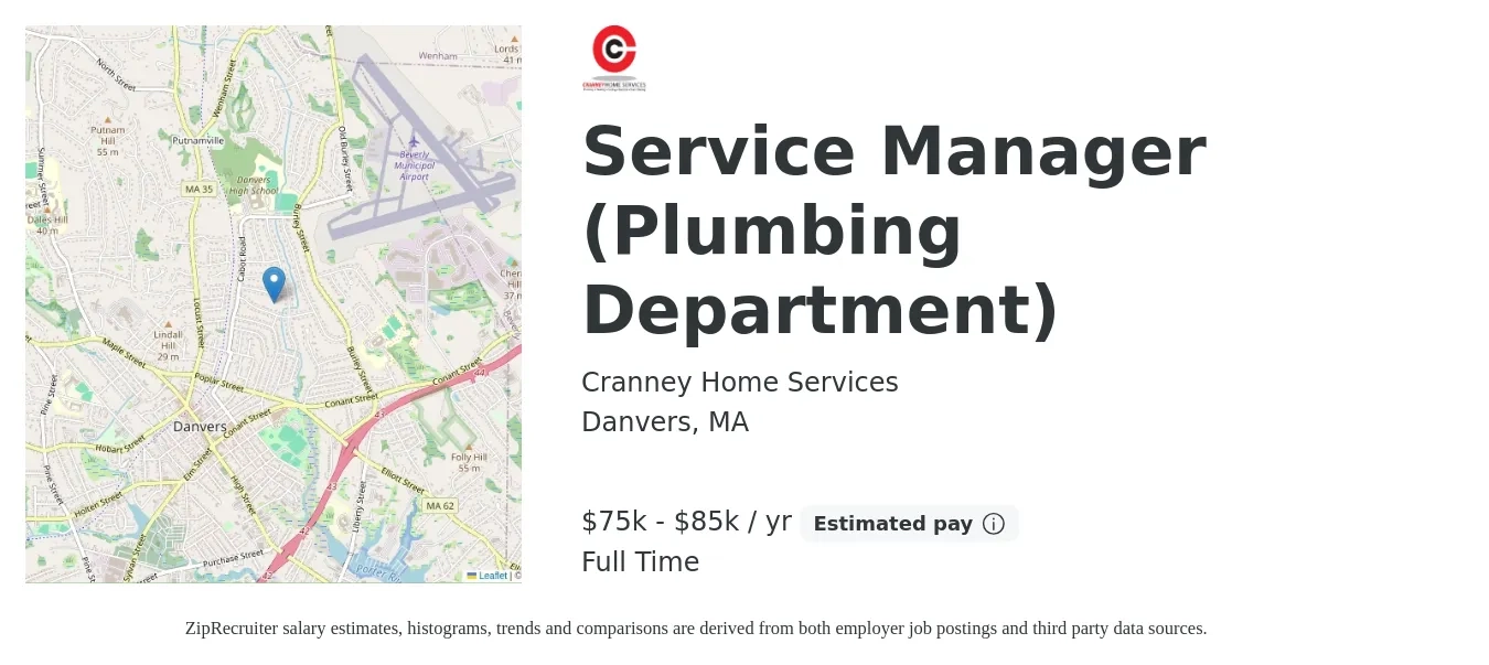 Cranney Home Services job posting for a Service Manager (Plumbing Department) in Danvers, MA with a salary of $75,000 to $85,000 Yearly with a map of Danvers location.