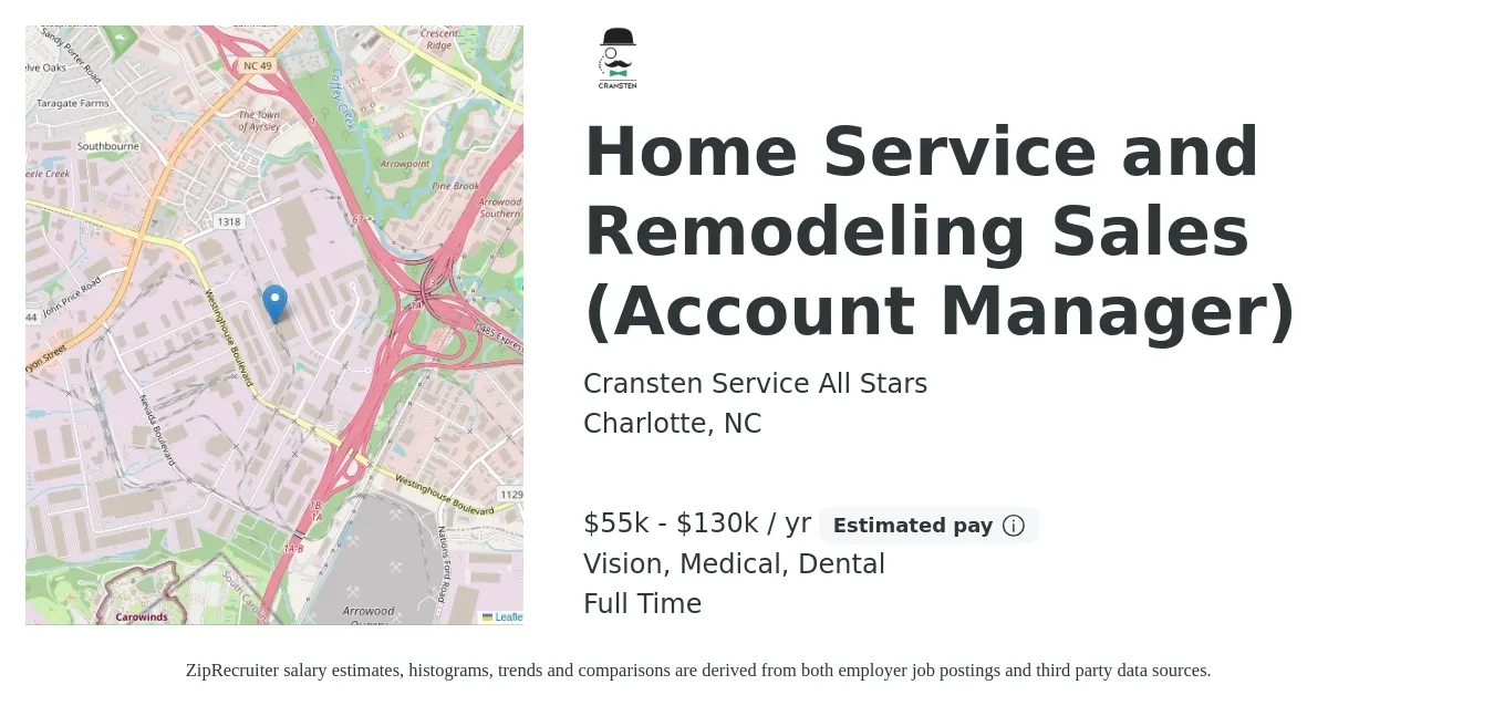 Cransten Service All Stars job posting for a Home Service and Remodeling Sales (Account Manager) in Charlotte, NC with a salary of $55,000 to $130,000 Yearly and benefits including dental, medical, and vision with a map of Charlotte location.