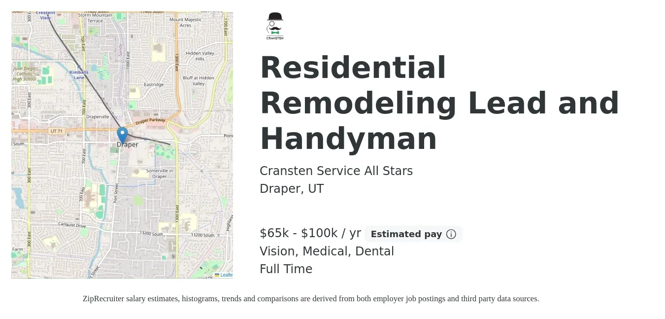 Cransten Service All Stars job posting for a Residential Remodeling Lead and Handyman in Draper, UT with a salary of $65,000 to $100,000 Yearly and benefits including dental, medical, and vision with a map of Draper location.