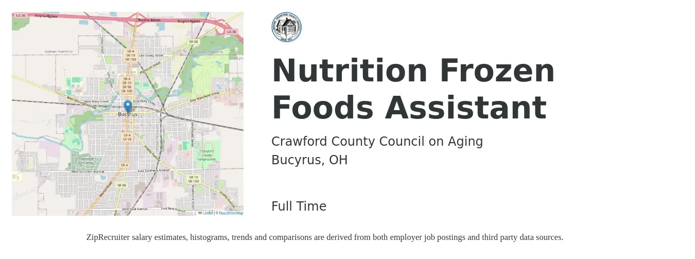 Crawford County Council on Aging job posting for a Nutrition Frozen Foods Assistant in Bucyrus, OH with a salary of $14 to $18 Hourly with a map of Bucyrus location.