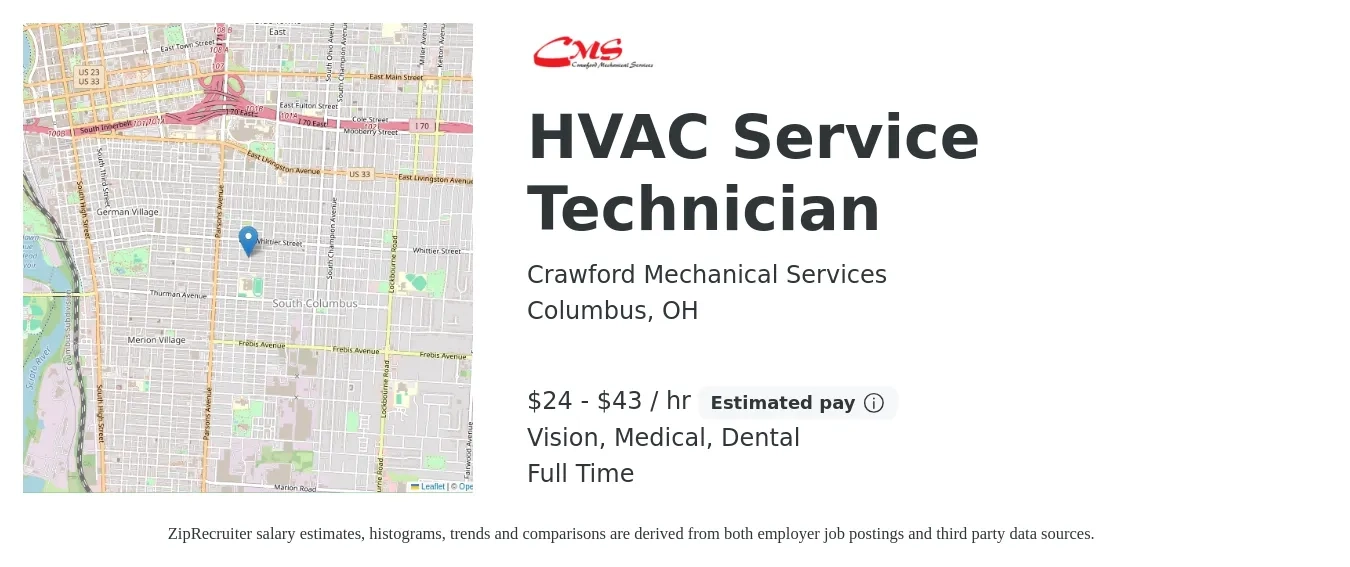 Crawford Mechanical Services job posting for a HVAC Service Technician in Columbus, OH with a salary of $25 to $45 Hourly and benefits including dental, medical, pto, retirement, and vision with a map of Columbus location.