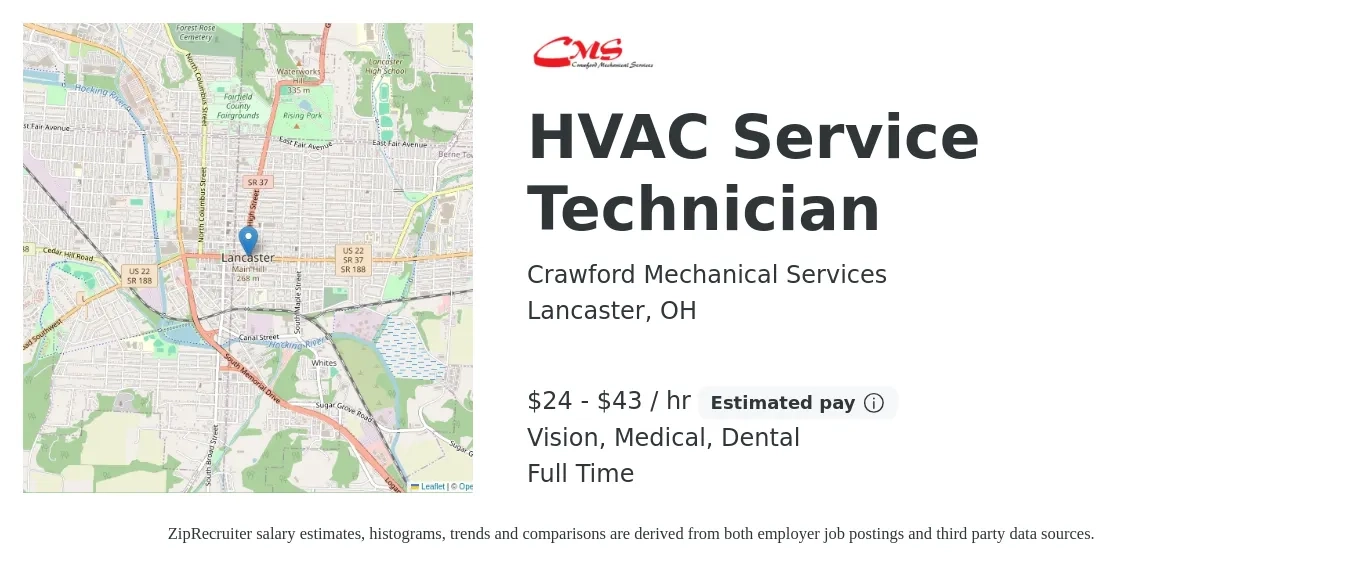 Crawford Mechanical Services job posting for a HVAC Service Technician in Lancaster, OH with a salary of $25 to $45 Hourly and benefits including dental, medical, pto, retirement, and vision with a map of Lancaster location.