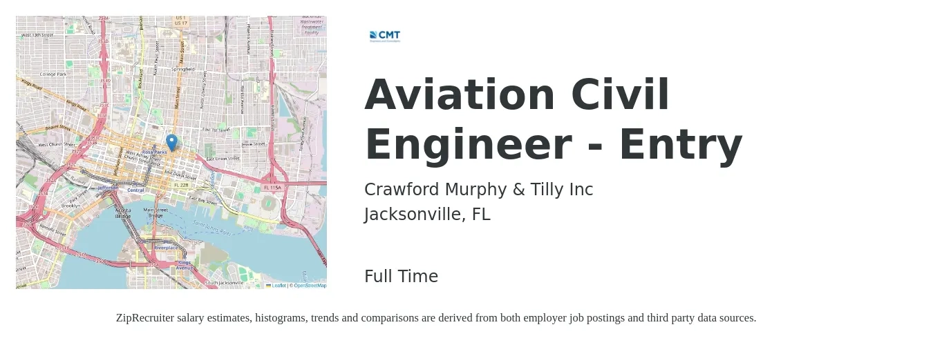 Crawford Murphy & Tilly Inc job posting for a Aviation Civil Engineer - Entry in Jacksonville, FL with a salary of $46,800 to $79,600 Yearly with a map of Jacksonville location.