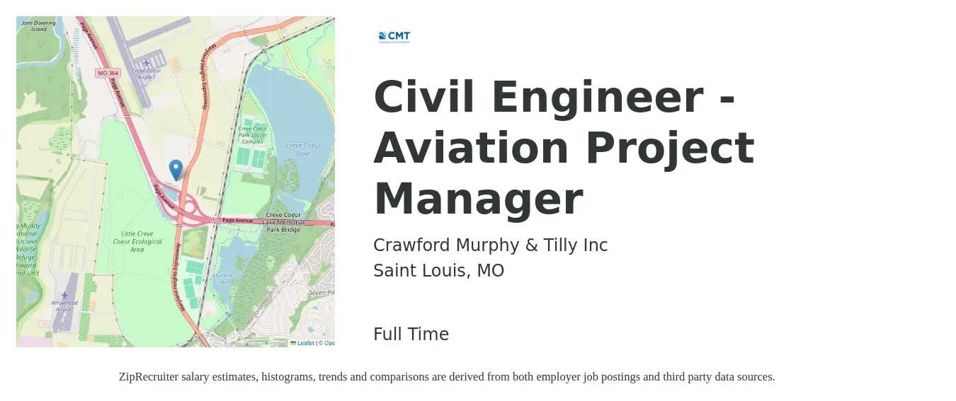 Crawford Murphy & Tilly Inc job posting for a Civil Engineer - Aviation Project Manager in Saint Louis, MO with a salary of $82,600 to $110,300 Yearly with a map of Saint Louis location.