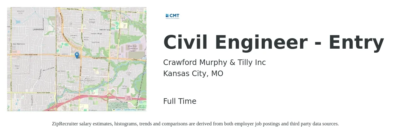 Crawford Murphy & Tilly Inc job posting for a Civil Engineer - Entry in Kansas City, MO with a salary of $50,700 to $86,300 Yearly with a map of Kansas City location.