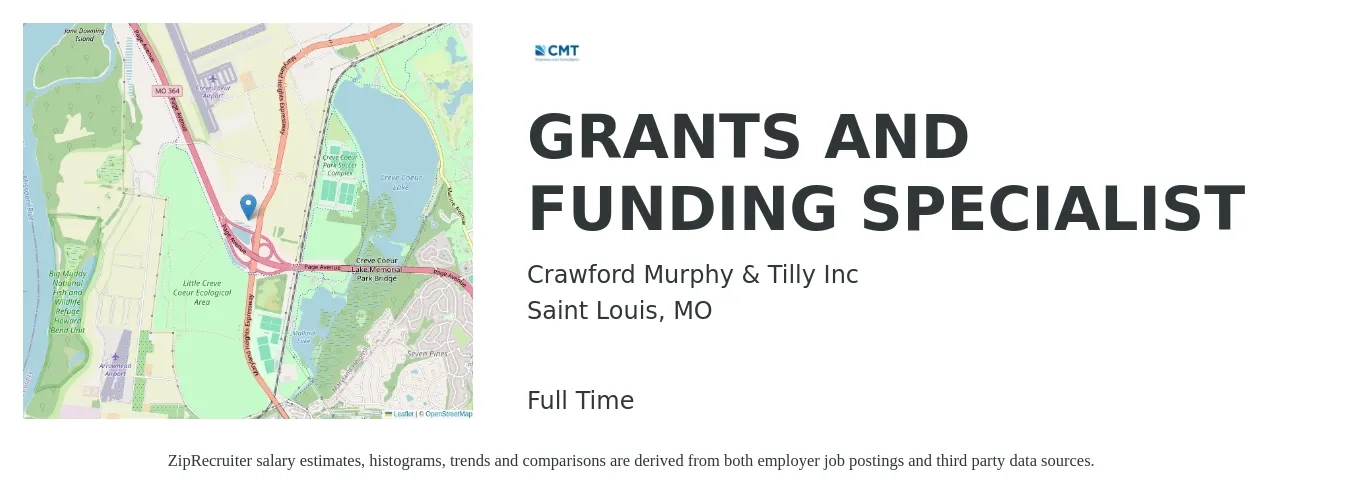 Crawford Murphy & Tilly Inc job posting for a GRANTS AND FUNDING SPECIALIST in Saint Louis, MO with a salary of $55,400 to $95,700 Yearly with a map of Saint Louis location.