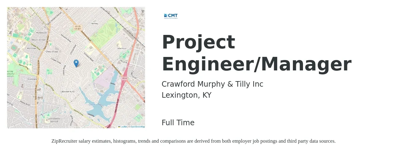 Crawford Murphy & Tilly Inc job posting for a Project Engineer/Manager in Lexington, KY with a salary of $79,200 to $114,300 Yearly with a map of Lexington location.
