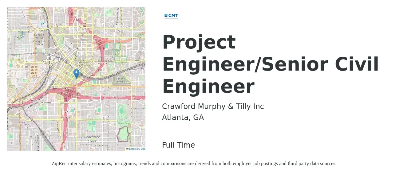 Crawford Murphy & Tilly Inc job posting for a Project Engineer/Senior Civil Engineer in Atlanta, GA with a salary of $81,700 to $121,600 Yearly with a map of Atlanta location.