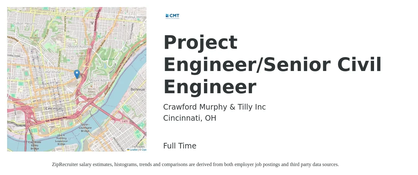 Crawford Murphy & Tilly Inc job posting for a Project Engineer/Senior Civil Engineer in Cincinnati, OH with a salary of $83,900 to $124,900 Yearly with a map of Cincinnati location.