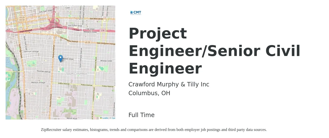 Crawford Murphy & Tilly Inc job posting for a Project Engineer/Senior Civil Engineer in Columbus, OH with a salary of $82,500 to $122,800 Yearly with a map of Columbus location.