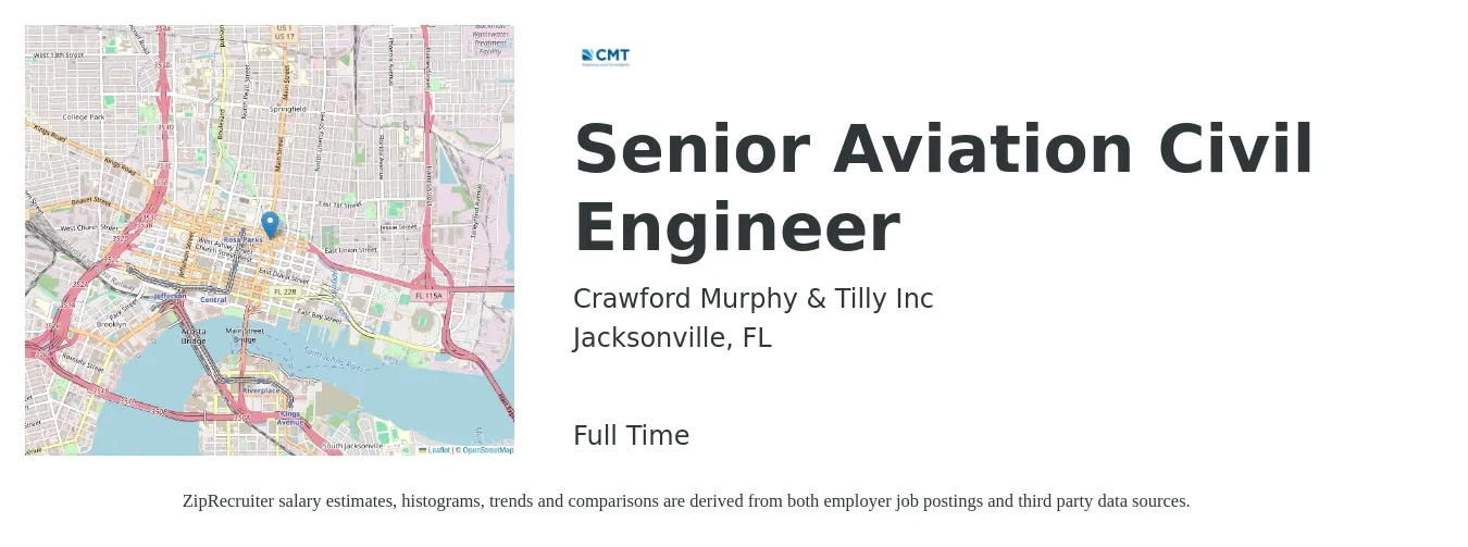 Crawford Murphy & Tilly Inc job posting for a Senior Aviation Civil Engineer in Jacksonville, FL with a salary of $77,300 to $115,100 Yearly with a map of Jacksonville location.