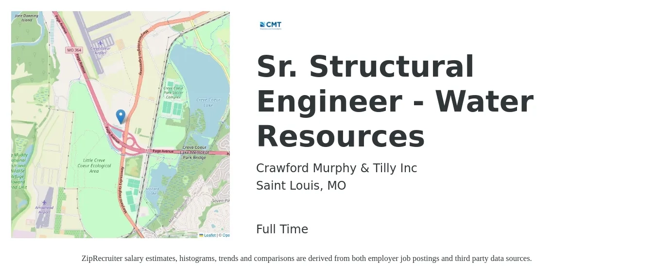 Crawford Murphy & Tilly Inc job posting for a Sr. Structural Engineer - Water Resources in Saint Louis, MO with a salary of $97,700 to $132,700 Yearly with a map of Saint Louis location.