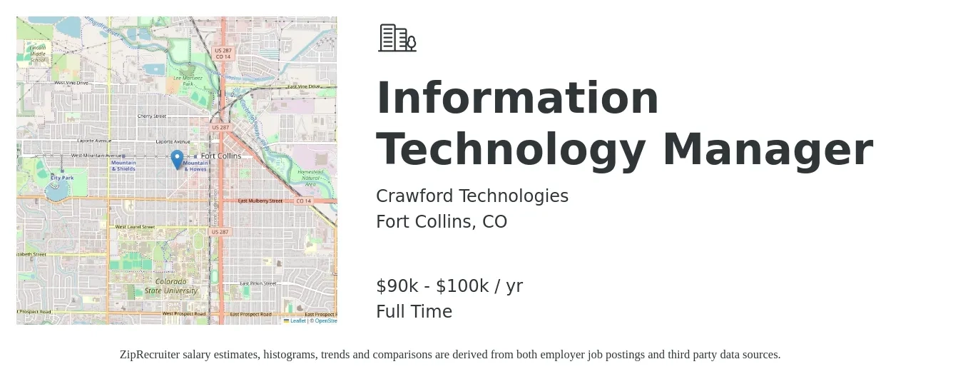 Crawford Technologies job posting for a Information Technology Manager in Fort Collins, CO with a salary of $94,000 to $115,300 Yearly with a map of Fort Collins location.