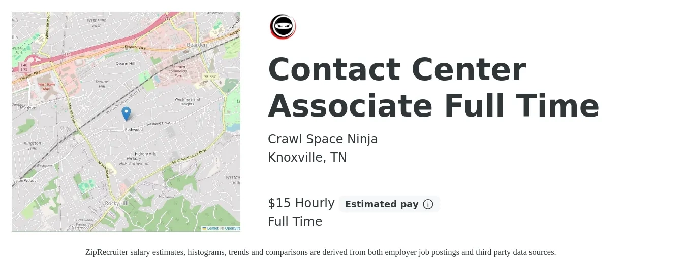 Crawl Space Ninja job posting for a Contact Center Associate Full Time in Knoxville, TN with a salary of $16 Hourly with a map of Knoxville location.