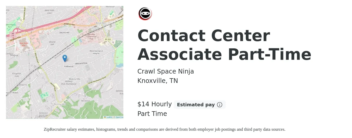 Crawl Space Ninja job posting for a Contact Center Associate Part-Time in Knoxville, TN with a salary of $15 Hourly with a map of Knoxville location.