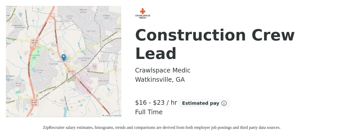 Crawlspace Medic job posting for a Construction Crew Lead in Watkinsville, GA with a salary of $17 to $24 Hourly with a map of Watkinsville location.