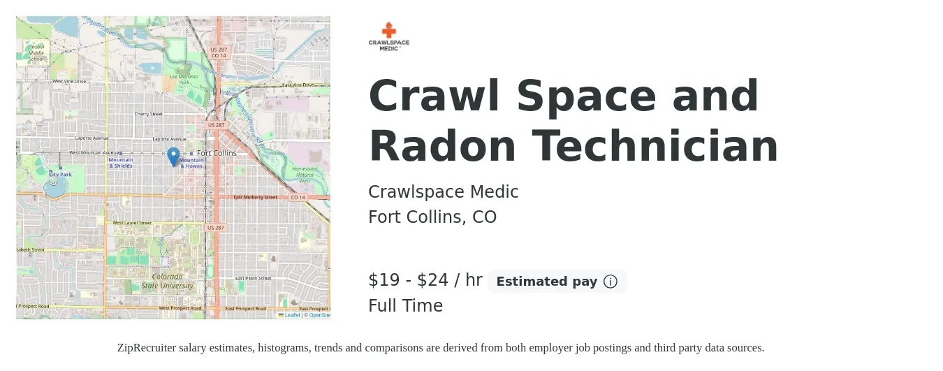 Crawlspace Medic job posting for a Crawl Space and Radon Technician in Fort Collins, CO with a salary of $20 to $25 Hourly with a map of Fort Collins location.