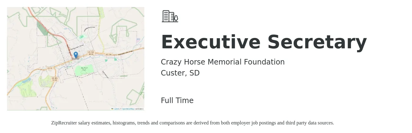 Crazy Horse Memorial Foundation job posting for a Executive Secretary in Custer, SD with a salary of $19 to $26 Hourly with a map of Custer location.