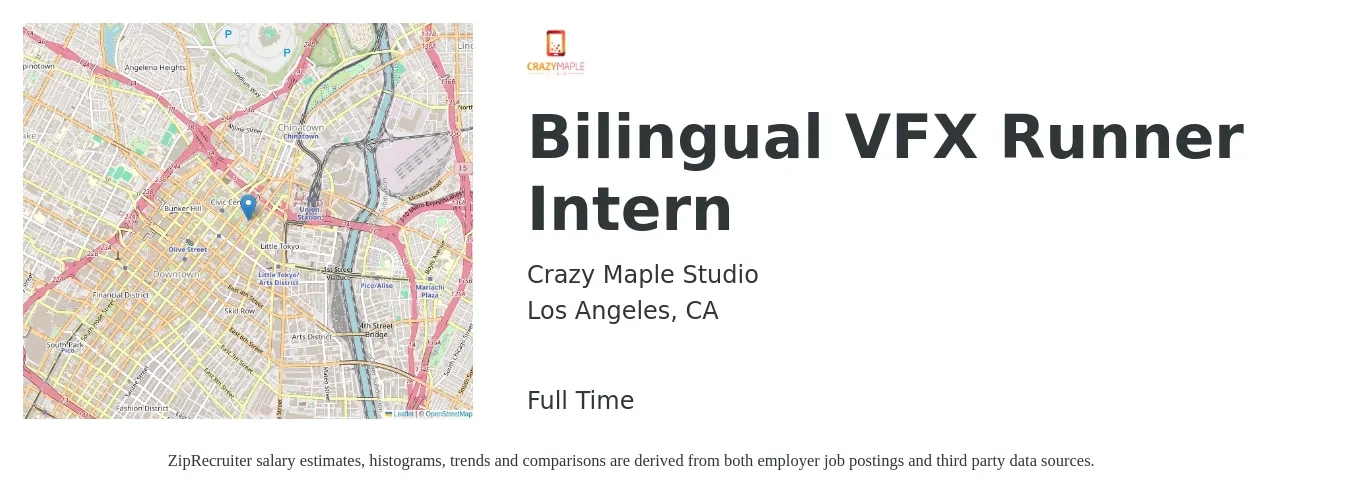 Crazy Maple Studio job posting for a Bilingual VFX Runner Intern in Los Angeles, CA with a salary of $16 to $22 Hourly with a map of Los Angeles location.