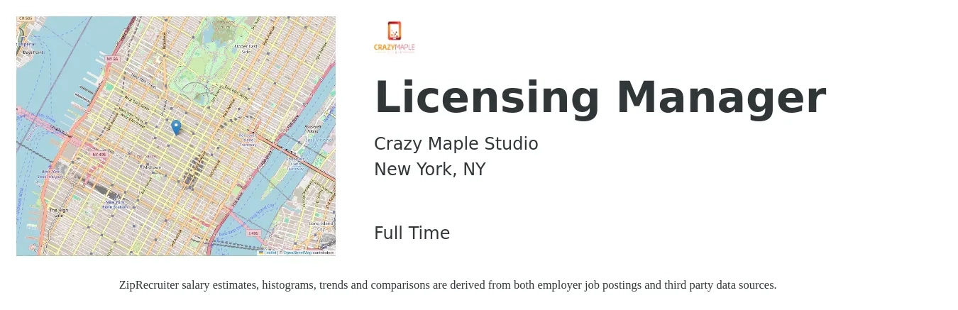 Crazy Maple Studio job posting for a Licensing Manager in New York, NY with a salary of $59,600 to $94,600 Yearly with a map of New York location.