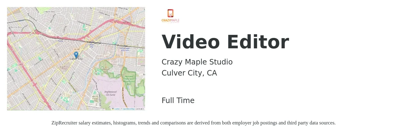 Crazy Maple Studio job posting for a Video Editor in Culver City, CA with a salary of $3,500 to $4,000 Monthly with a map of Culver City location.