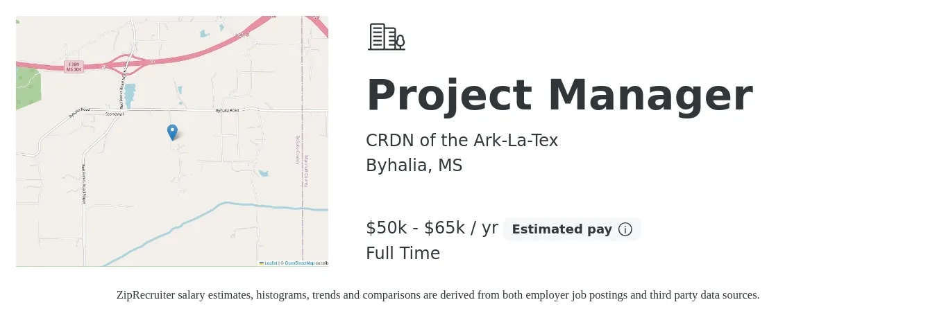 CRDN of the Ark-La-Tex job posting for a Project Manager in Byhalia, MS with a salary of $50,000 to $65,000 Yearly with a map of Byhalia location.