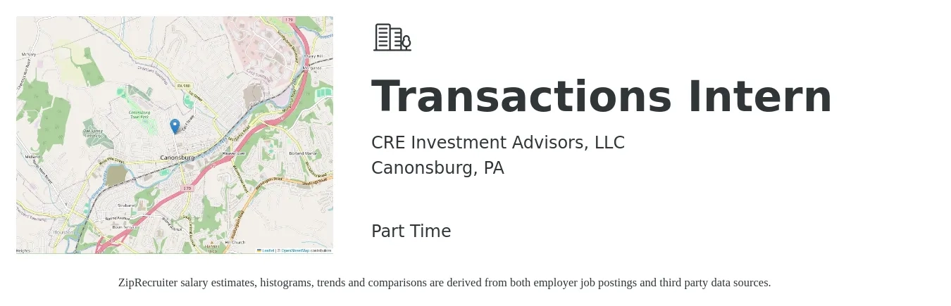 CRE Investment Advisors, LLC job posting for a Transactions Intern in Canonsburg, PA with a salary of $14 to $18 Hourly with a map of Canonsburg location.