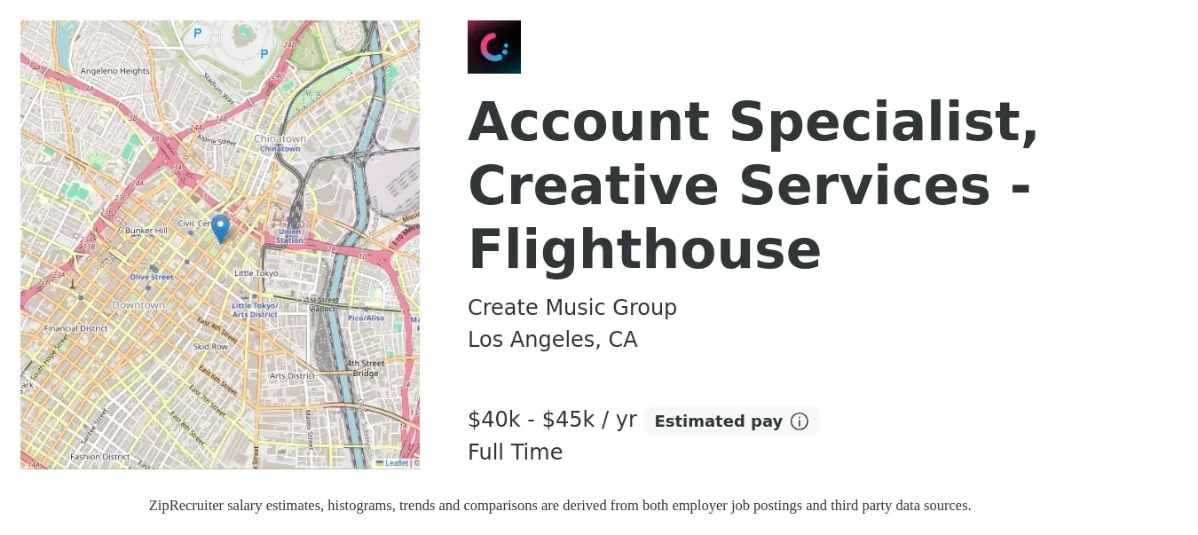 Create Music Group job posting for a Account Specialist, Creative Services - Flighthouse in Los Angeles, CA with a salary of $40,000 to $45,000 Yearly with a map of Los Angeles location.