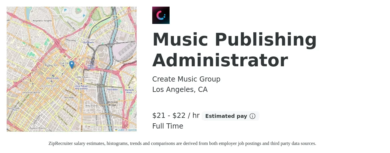 Create Music Group job posting for a Music Publishing Administrator in Los Angeles, CA with a salary of $22 to $23 Hourly with a map of Los Angeles location.