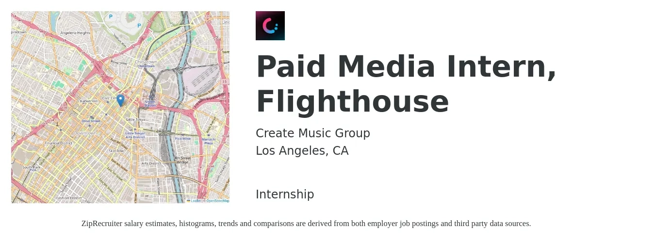 Create Music Group job posting for a Paid Media Intern, Flighthouse in Los Angeles, CA with a salary of $16 to $21 Hourly with a map of Los Angeles location.