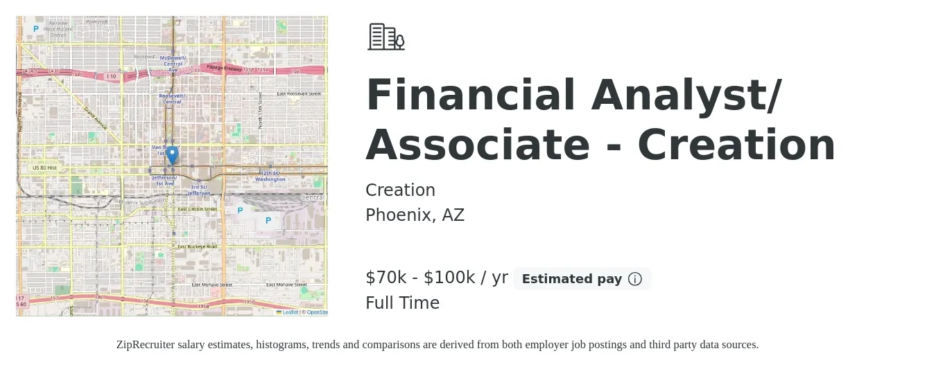 Creation job posting for a Financial Analyst/ Associate - Creation in Phoenix, AZ with a salary of $70,000 to $100,000 Yearly with a map of Phoenix location.