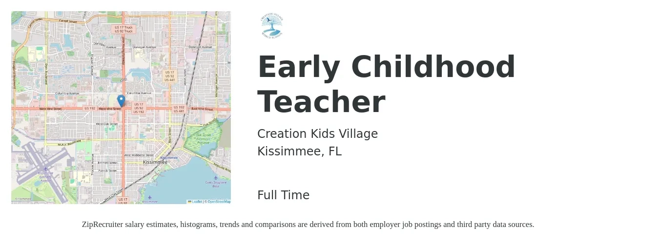 Creation Kids Village job posting for a Early Childhood Teacher in Kissimmee, FL with a salary of $13 to $18 Hourly with a map of Kissimmee location.