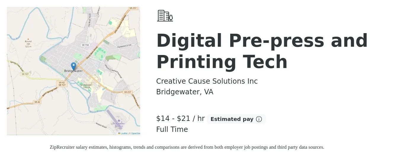 Creative Cause Solutions Inc job posting for a Digital Pre-press and Printing Tech in Bridgewater, VA with a salary of $15 to $22 Hourly with a map of Bridgewater location.