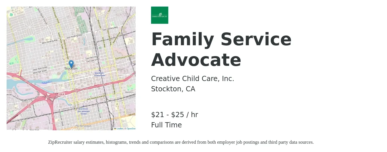 Creative Child Care, Inc. job posting for a Family Service Advocate in Stockton, CA with a salary of $22 to $26 Hourly with a map of Stockton location.