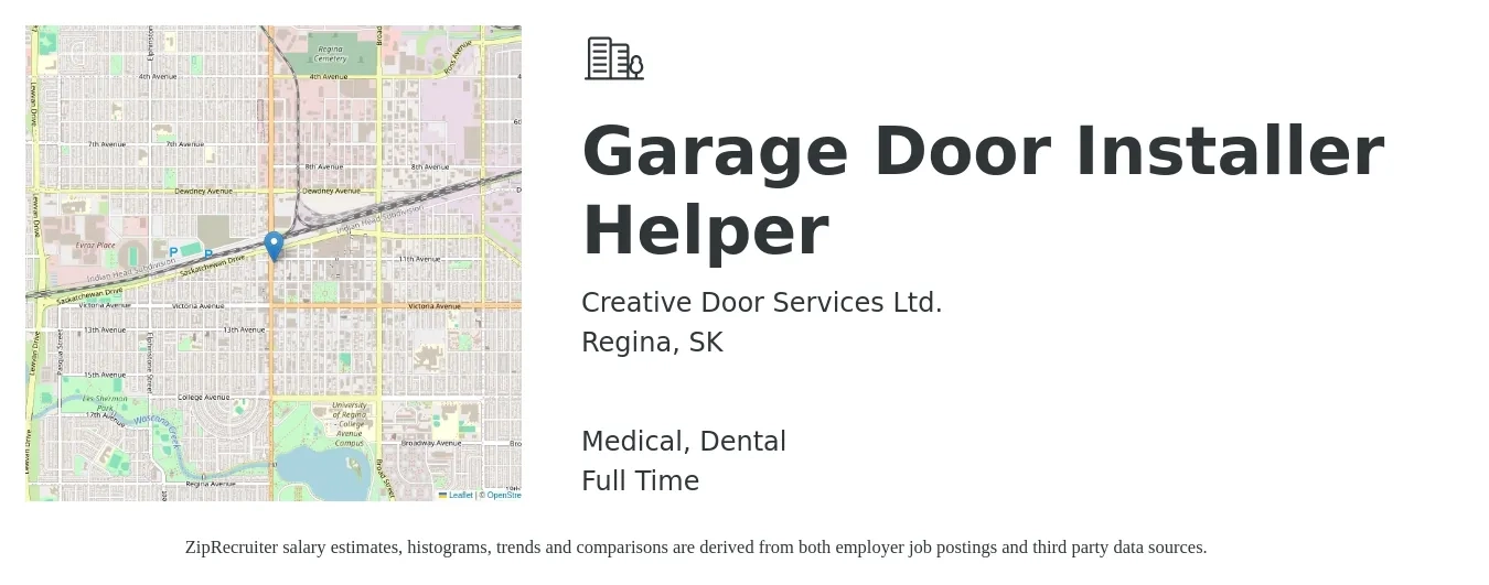 Creative Door Services Ltd. job posting for a Garage Door Installer Helper in Regina, SK and benefits including dental, life_insurance, and medical with a map of Regina location.