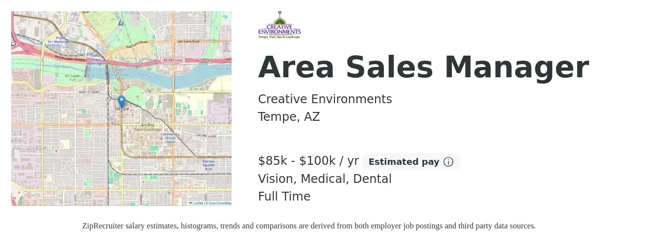 Creative Environments job posting for a Area Sales Manager in Tempe, AZ with a salary of $85,000 to $100,000 Yearly and benefits including dental, medical, pto, retirement, and vision with a map of Tempe location.