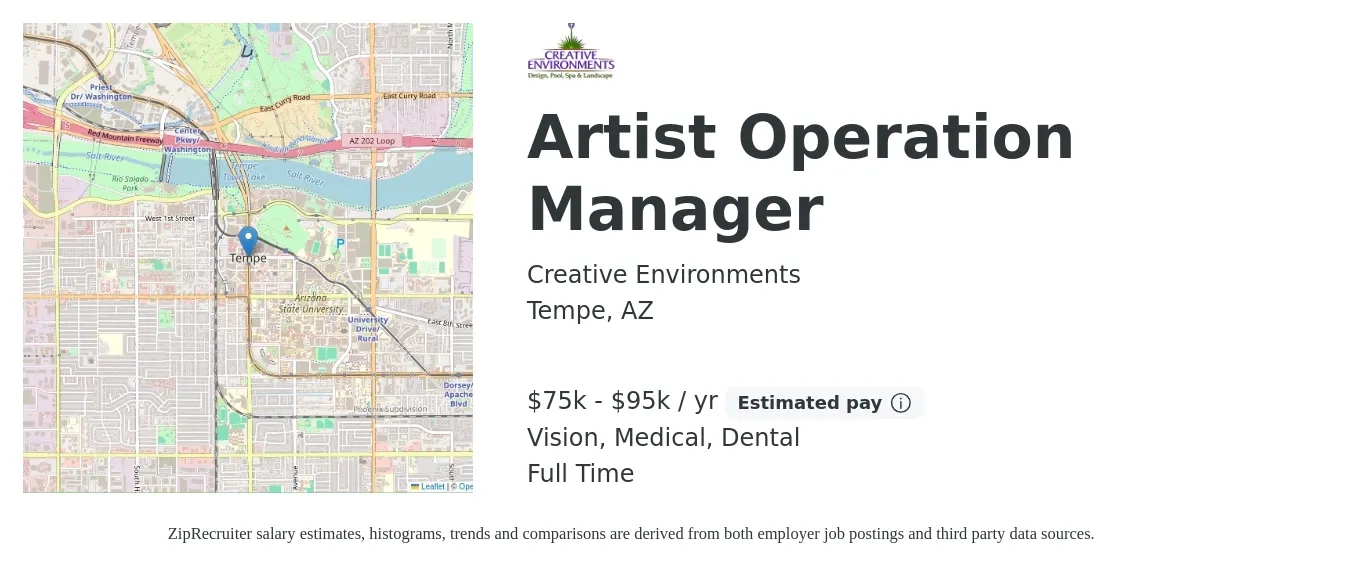 Creative Environments job posting for a Artist Operation Manager in Tempe, AZ with a salary of $75,000 to $95,000 Yearly and benefits including medical, pto, retirement, vision, and dental with a map of Tempe location.