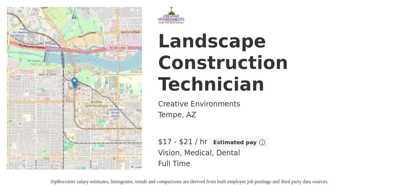 Creative Environments job posting for a Landscape Construction Technician in Tempe, AZ with a salary of $18 to $22 Hourly and benefits including dental, medical, pto, retirement, and vision with a map of Tempe location.
