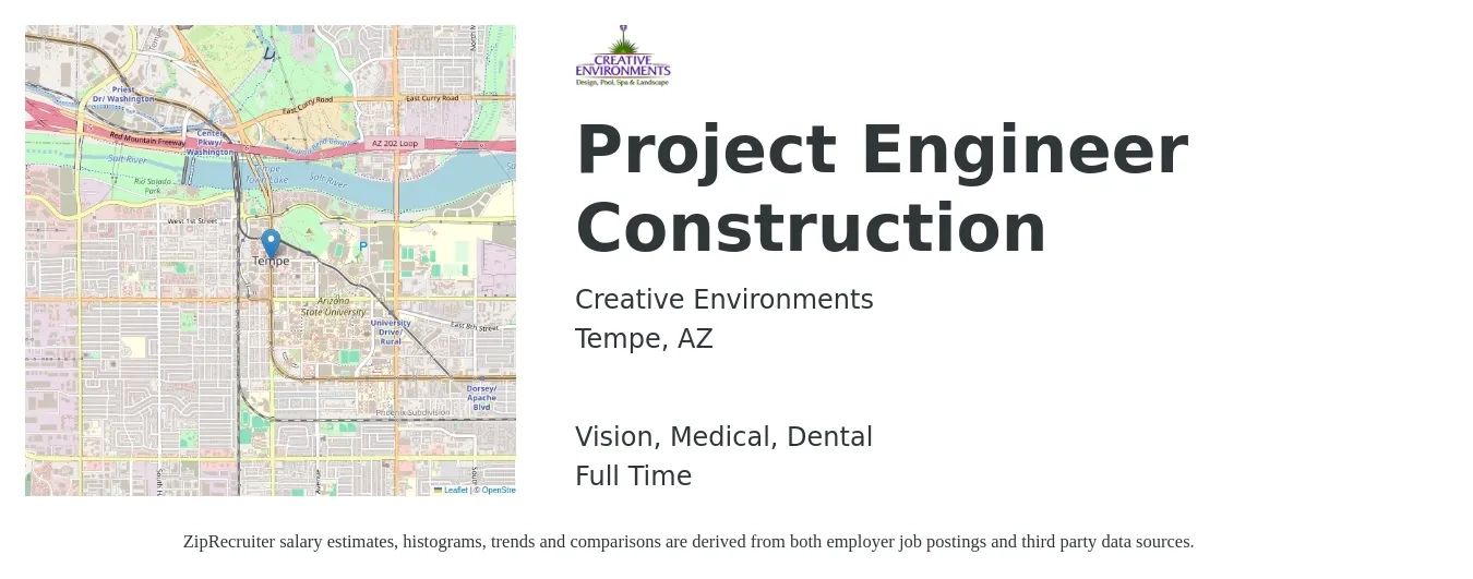 Creative Environments job posting for a Project Engineer Construction in Tempe, AZ with a salary of $66,100 to $84,800 Yearly and benefits including dental, medical, pto, retirement, and vision with a map of Tempe location.