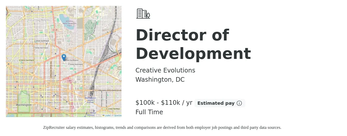 Creative Evolutions job posting for a Director of Development in Washington, DC with a salary of $100,000 to $110,000 Yearly with a map of Washington location.