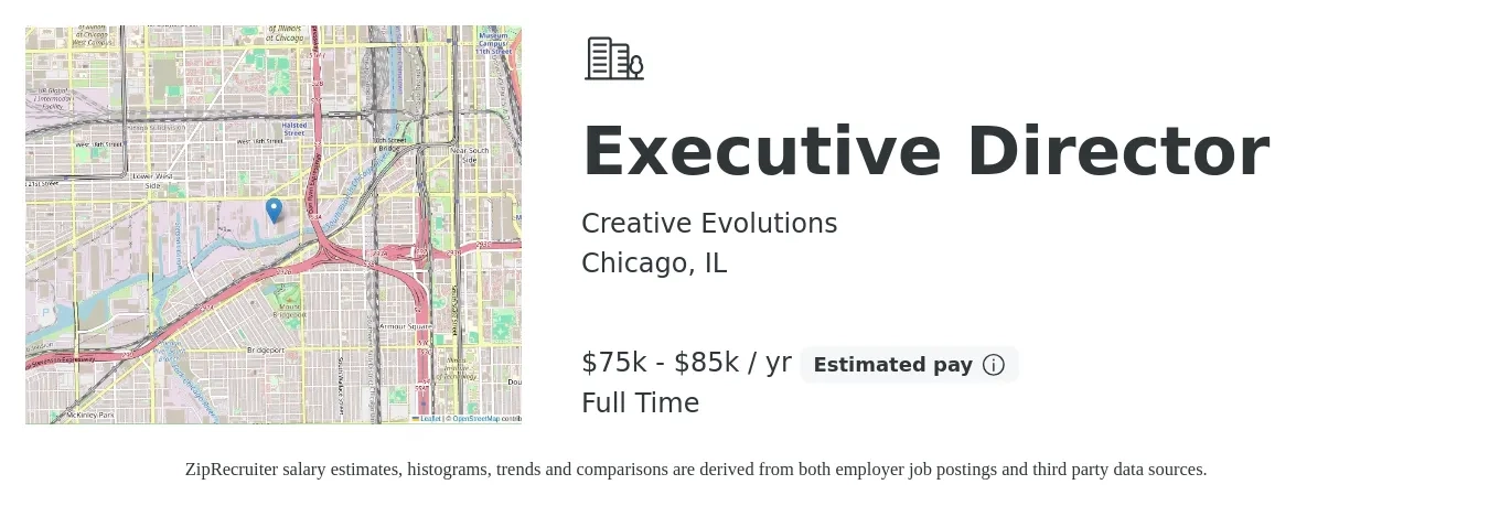 Creative Evolutions job posting for a Executive Director in Chicago, IL with a salary of $75,000 to $85,000 Yearly with a map of Chicago location.