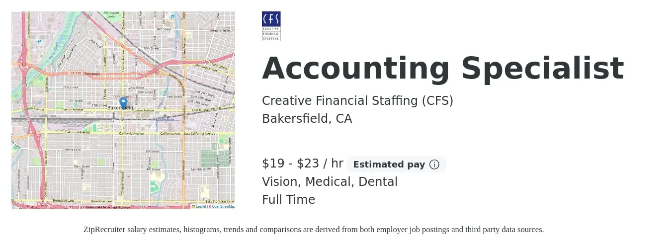 Creative Financial Staffing (CFS) job posting for a Accounting Specialist in Bakersfield, CA with a salary of $20 to $24 Hourly and benefits including dental, life_insurance, medical, retirement, and vision with a map of Bakersfield location.