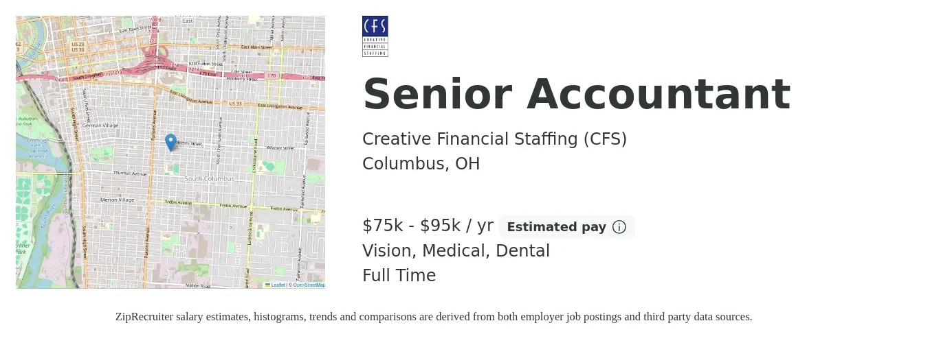 Creative Financial Staffing (CFS) job posting for a Senior Accountant in Columbus, OH with a salary of $70,000 to $90,000 Yearly and benefits including retirement, vision, dental, life_insurance, and medical with a map of Columbus location.