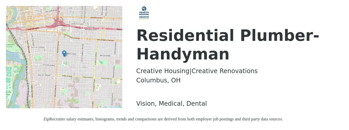 Creative Housing|Creative Renovations job posting for a Residential Plumber-Handyman in Columbus, OH with a salary of $25 to $39 Hourly and benefits including medical, pto, retirement, vision, dental, and life_insurance with a map of Columbus location.