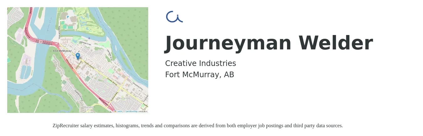 Creative Industries job posting for a Journeyman Welder in Fort McMurray, AB with a map of Fort McMurray location.