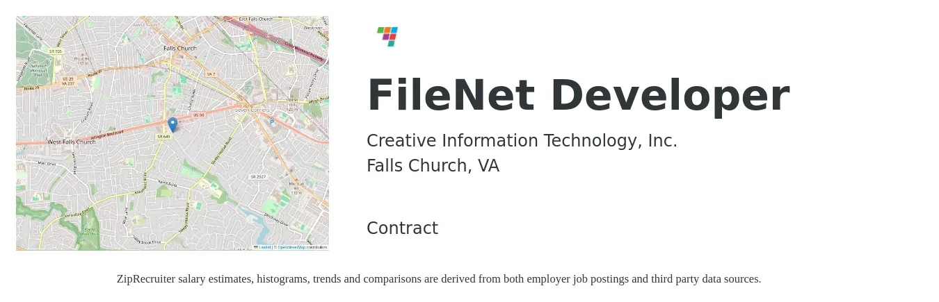 Creative Information Technology, Inc. job posting for a FileNet Developer in Falls Church, VA with a salary of $59 to $74 Hourly with a map of Falls Church location.
