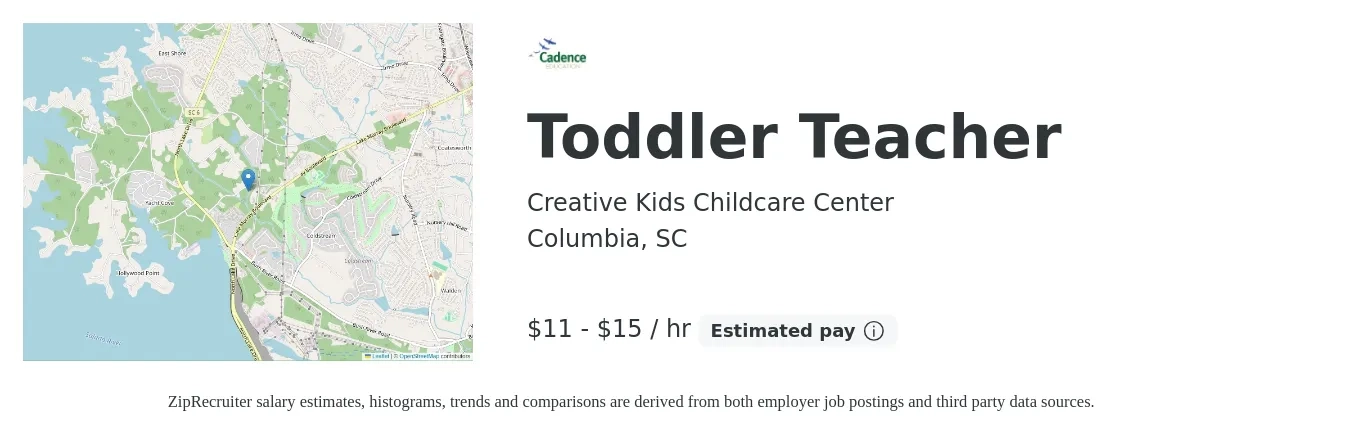 Creative Kids Childcare Center job posting for a Toddler Teacher in Columbia, SC with a salary of $12 to $16 Hourly with a map of Columbia location.