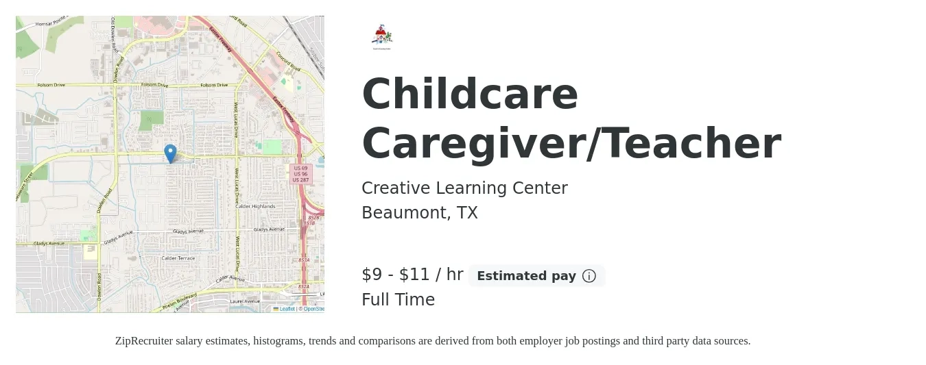 Creative Learning Center job posting for a Childcare Caregiver/Teacher in Beaumont, TX with a salary of $10 to $12 Hourly with a map of Beaumont location.