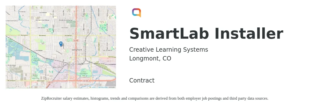 Creative Learning Systems job posting for a SmartLab Installer in Longmont, CO with a salary of $500 Daily with a map of Longmont location.